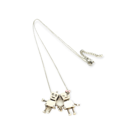 necklace silver with robots in love